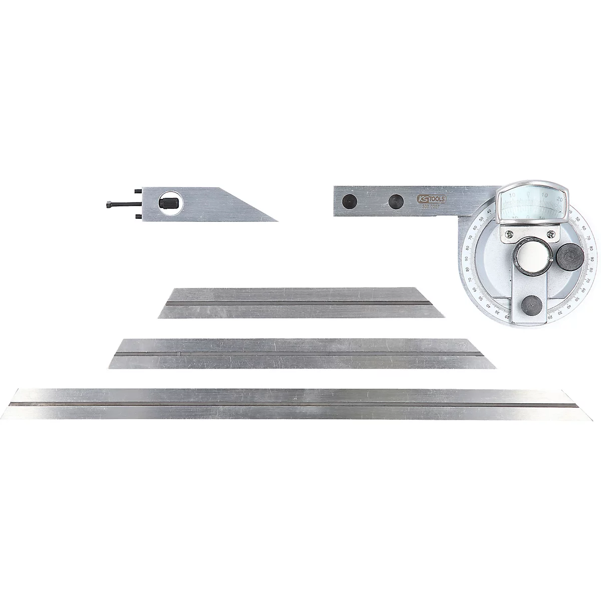 Metallehre mit verschiedenen Winkeleinstellungen, digitalem Display und mehreren Klingen.